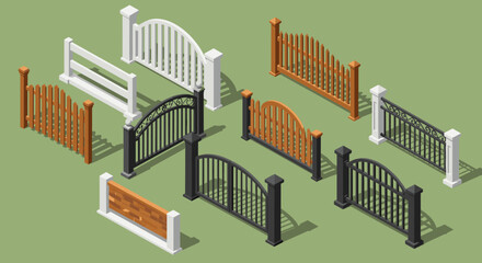 Isometric fence collection: diverse designs of wooden, metal, and decorative gates on green background