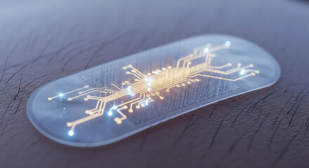 A close-up view of a transparent, oval-shaped microchip with intricate glowing circuitry embedded on human skin, suggesting advanced technology and medical integration.