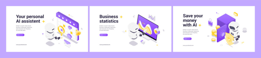 Isometric vector set featuring AI robots for personal task management, business data analysis, and secure financial savings with advanced automation and technology.