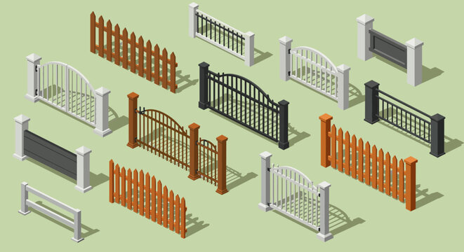 Isometric fence set: diverse designs of wooden and metal gates on green background