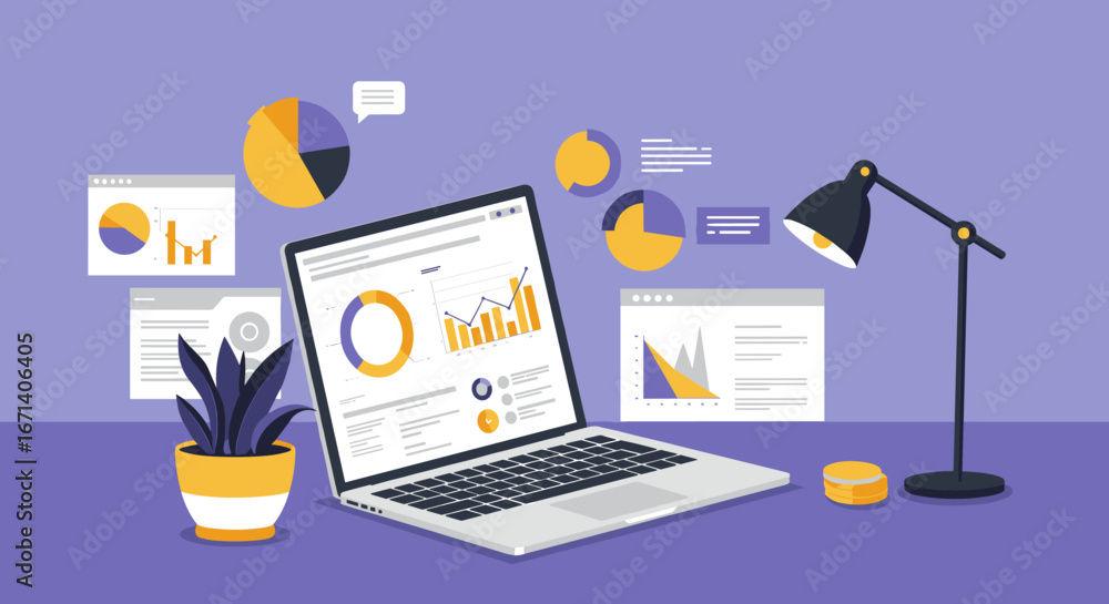 Aufkleber analyzing financial data on a laptop with charts and graphs in modern workspace