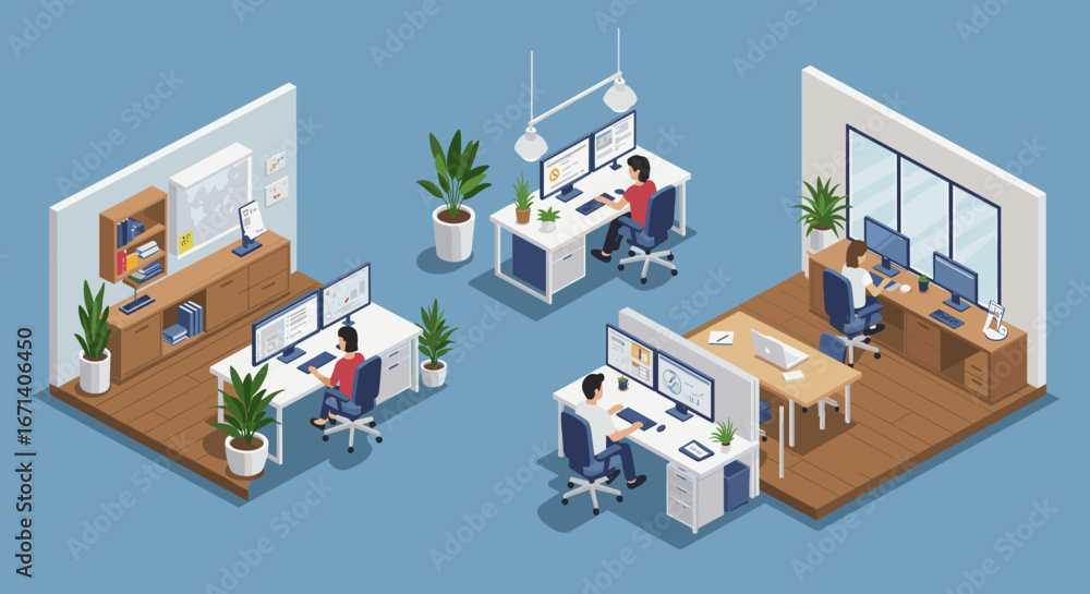 Poster modern office workspace in isometric design with people and computers
