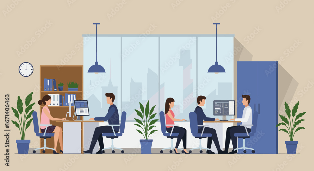 Aufkleber modern office workspace with diverse team working at computers