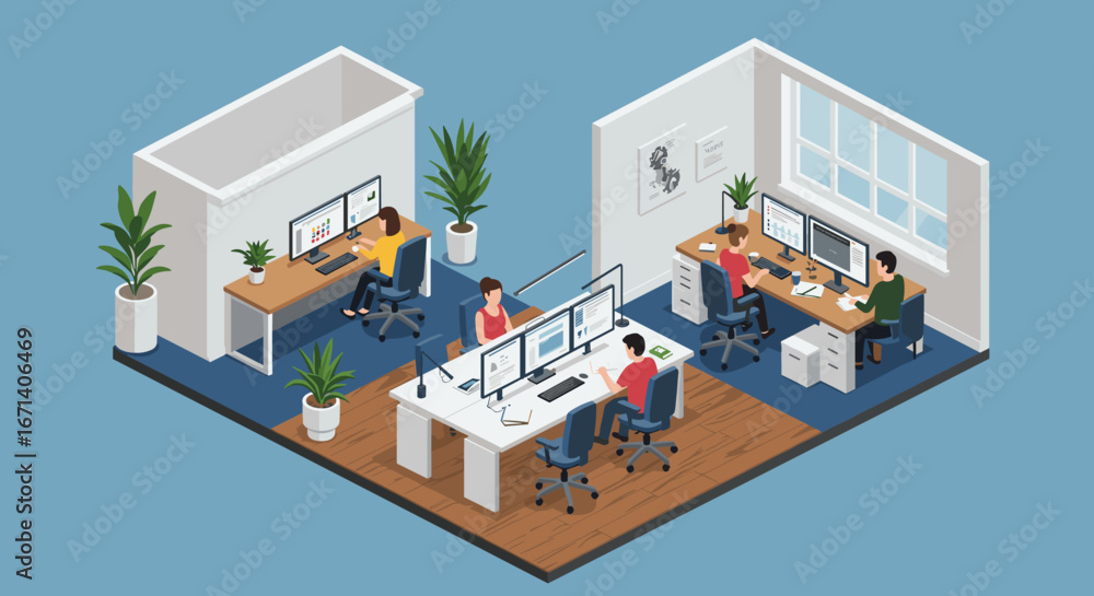 Aufkleber modern isometric office scene with diverse team collaborating on computers