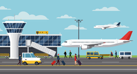 Flat style airport scene with airplane and travelers in vibrant colors
