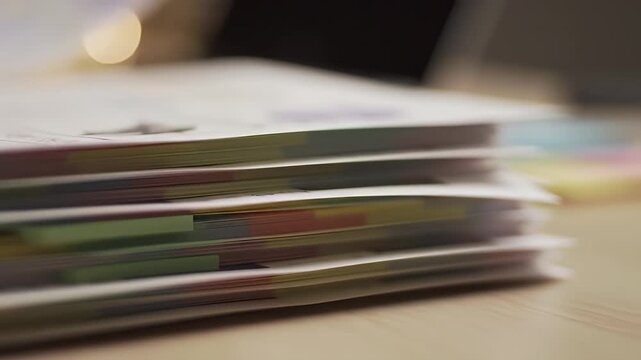 Close Up Shot of a Organized Stack of Documents with Color Coded Tabs on Desk