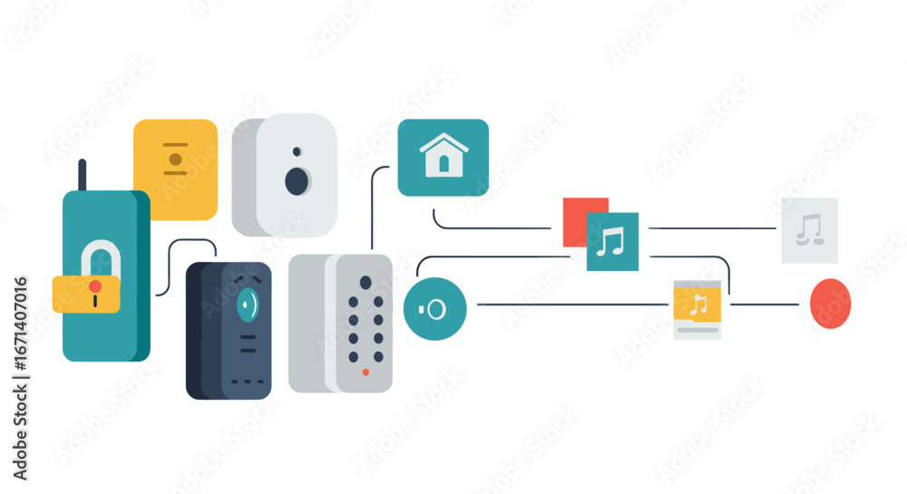 Poster smart home automation system diagram with connected devices in flat design
