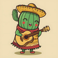 Cartoon Cactus Mariachi: Happy Mexican Plant Playing Guitar