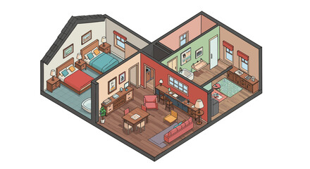 Cozy isometric home interior with modern living room and bedroom design