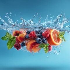 clean healthy fruit and foliage in blue water splash