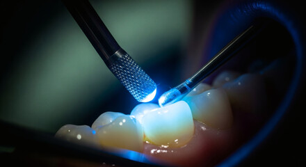 Close-up of a dental procedure where a dentist uses a blue curing light to harden dental composite material on a tooth.