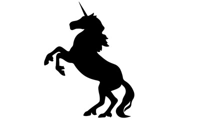 Black unicorn silhouette standing pose mythical fantasy horse illustration.