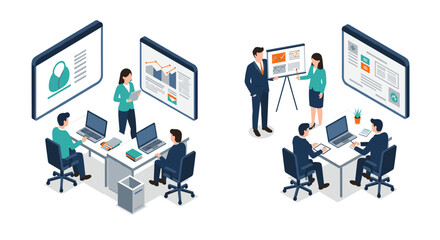 Isometric office meeting and presentation scenes with business professionals