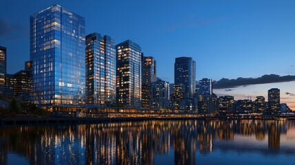 Fototapeta premium Cityscape at twilight, modern buildings reflecting in calm water.