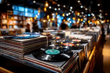 Stacks of vinyl records in a record store with blurred background