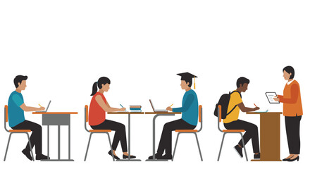 Diverse students studying and learning in various classroom settings