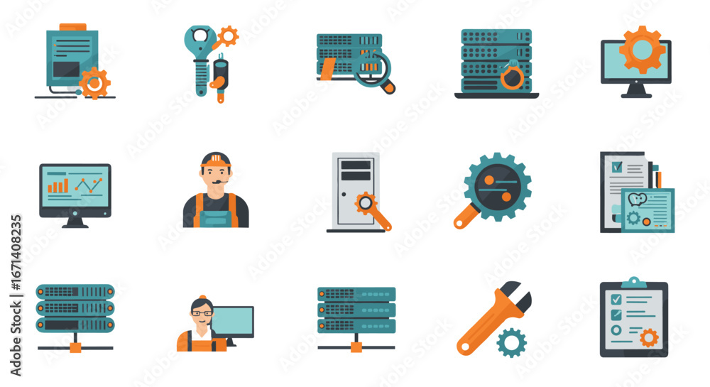 Aufkleber flat icons of technology and maintenance with computers and tools