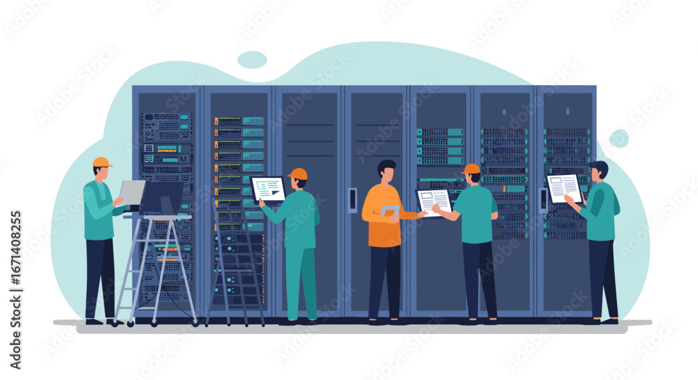 Aufkleber data center operations featuring engineers working on server racks