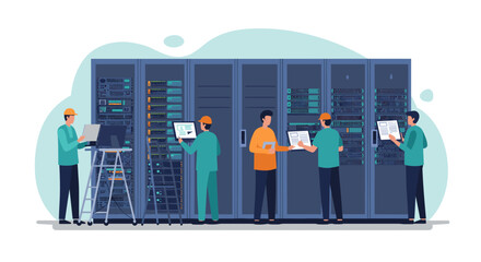 Data center operations featuring engineers working on server racks