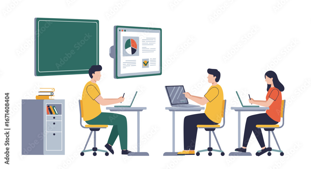 Poster flat design remote learning: students using laptops and tablets in classroom setting