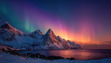 Majestic aurora borealis over snowy mountains and fjord