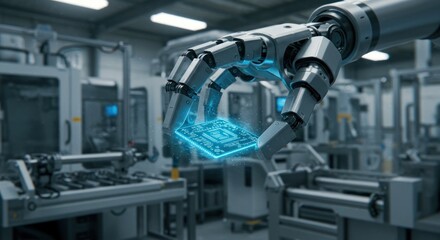 Robotic arm delicately handling a glowing circuit board within a modern industrial factory setting.