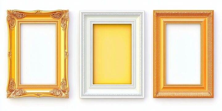 Ornate gold classic vintage art frame collection. Decorative luxury frame, empty and elegant object, vintage border. Art, classic collection, gold rectangle, ornate display, luxury design, perfect