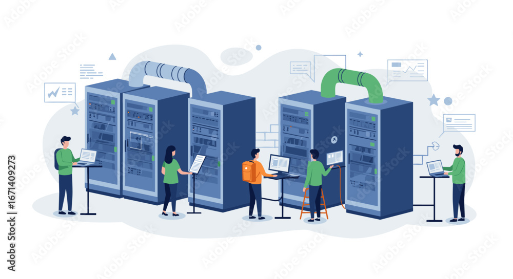 Aufkleber modern data center operations with engineers managing servers in a flat design