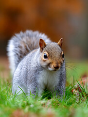A small squirrel searches for food among fresh green grass, surrounded by colorful autumn foliage in a peaceful park