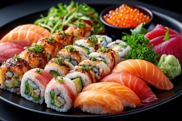 Assortment of colorful sushi rolls, sashimi, and roe on a dark plate