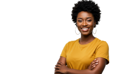 Young Black woman, short curly afro hair, mustard yellow t-shirt, arms crossed, wide smile, direct eye contact on transparent studio background with copy space, Concept of confident, positive