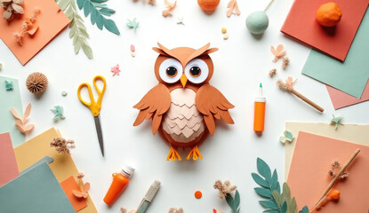 Flat lay of handmade paper owl and supplies for DIY crafts. Ideal for educational publishers, preschool content creators, kids toy packaging, hobby courses promotion 