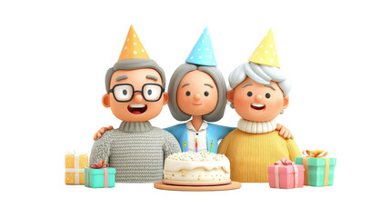 Family celebrating a birthday with cake and party hats in 3D style, background isolated on a Transparent background, PNG file.