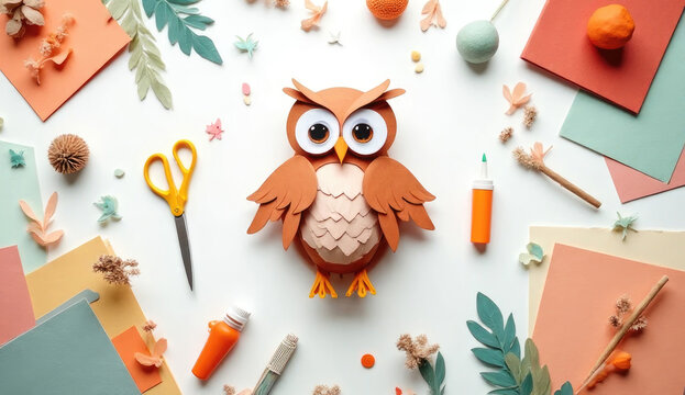 Flat lay of handmade paper owl and supplies for DIY crafts. Ideal for educational publishers, preschool content creators, kids toy packaging, hobby courses promotion 