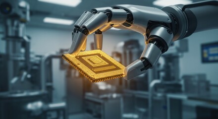 A robotic hand delicately holds a golden microchip against a blurred industrial background.