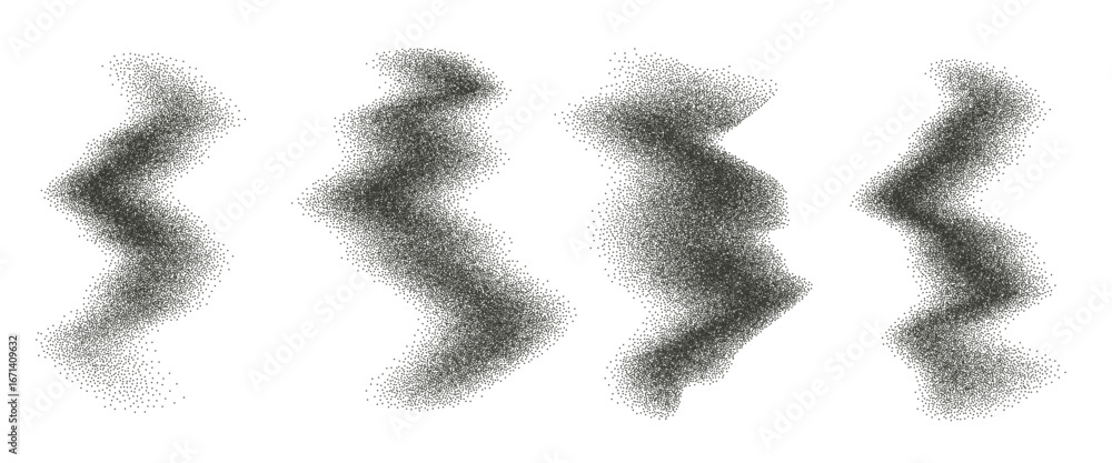 Poster dot work grainy gradient textured wavy irregular shapes set. black stippled splatter uneven figures.