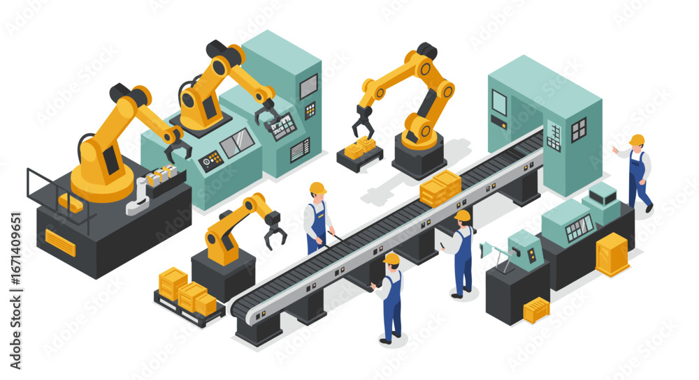 Poster modern isometric factory automation with robots and conveyor systems