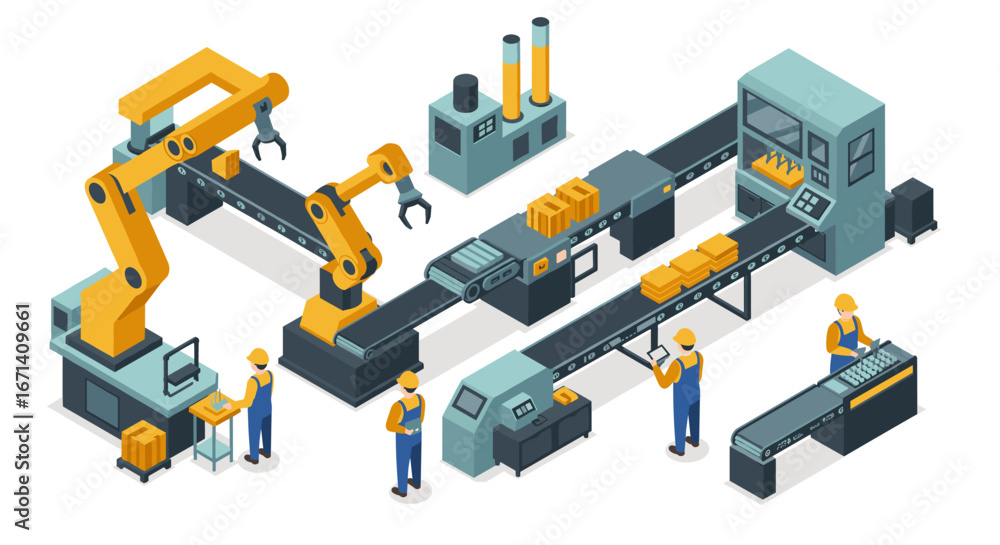 Poster futuristic isometric factory with automated robotic arm and workers