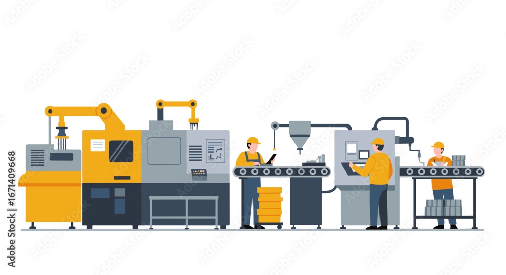 Poster Modern factory automation with advanced robots and engineers in a flat design