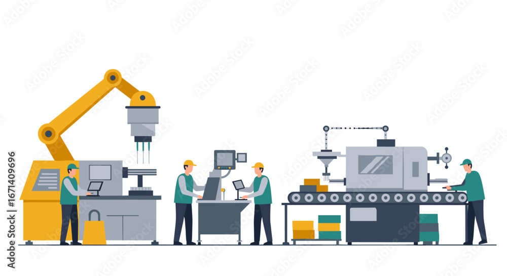 Poster modern manufacturing process with robotic automation in factory setting