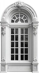 Ornate white arched window with detailed trim
