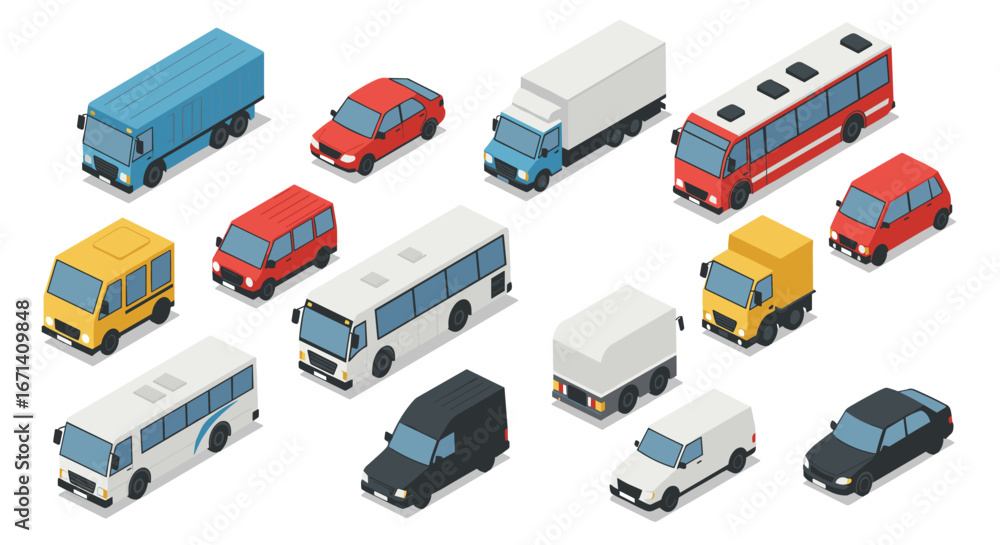 Poster isometric collection of vehicles in varied colors and types for design projects