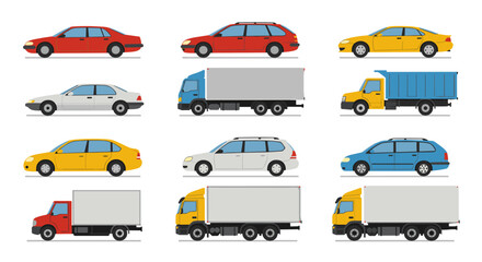 Diverse collection of colorful car and truck side views for vehicle design inspiration