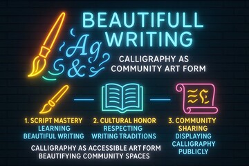 Obraz premium Traditional Calligraphy Art Enhanced with Neon Ink and Modern Techniques for Cultural Design Projects
