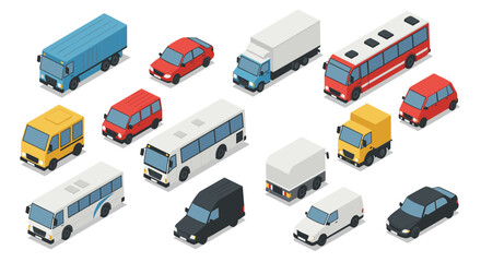 Isometric collection of vehicles in varied colors and types for design projects