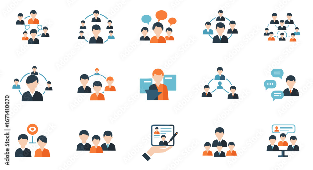 Poster team communication icons set: flat style depicting network and collaboration concepts