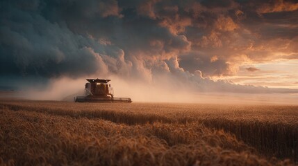 Fototapeta premium Harvester in golden field, dramatic sky