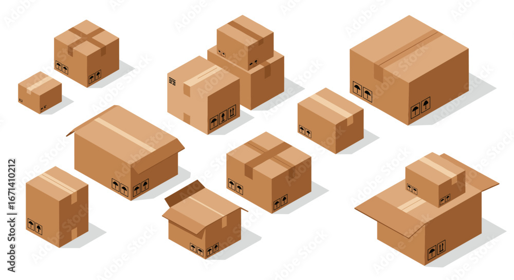 Poster isometric cardboard boxes in various sizes and positions for shipping and storage