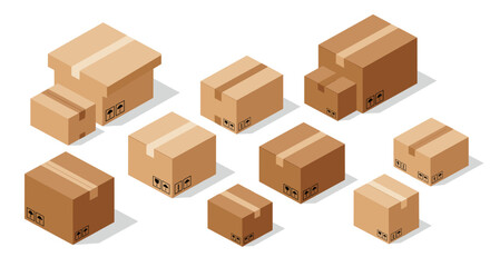 Fototapeta premium Collection of various cardboard boxes with shipping symbols in isometric design
