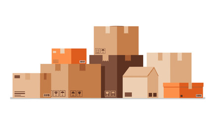 Fototapeta premium Various cardboard boxes in different sizes and colors stacked on white background